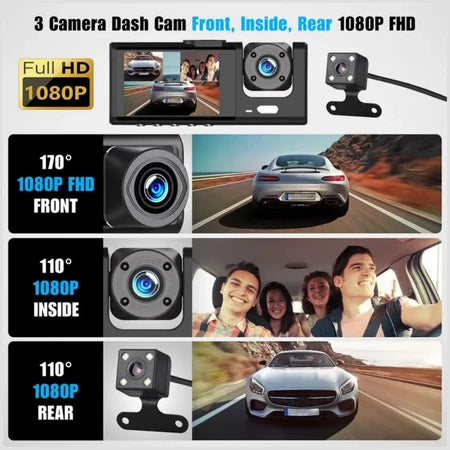 Câmera Veicular 1080P Tripla ShineSP com Gravação 360° (Frontal + Interna + Traseira)