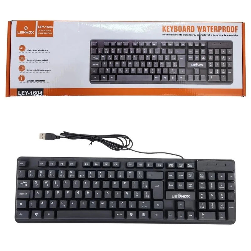 Teclado USB com Proteção Impermeável - Modelo Profissional Preto Standard com Conexão Cabeada