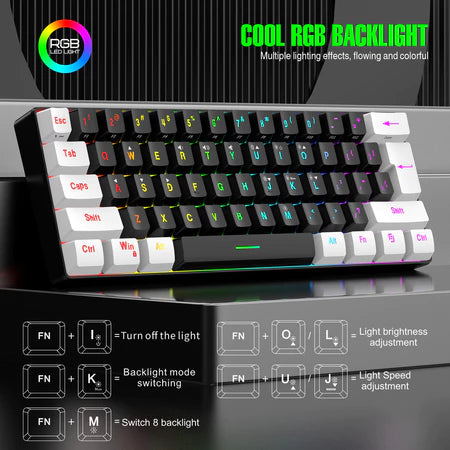 Teclado Mecânico com Fio 60% – 61 Teclas, Iluminação RGB, USB-C com Cabo Removível, Design Mini Compacto